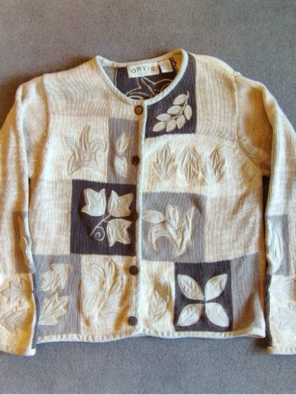 Vtg 90s Orvis Patched Knit Quilted Patchwork Cardigan Sweater Women M Beige